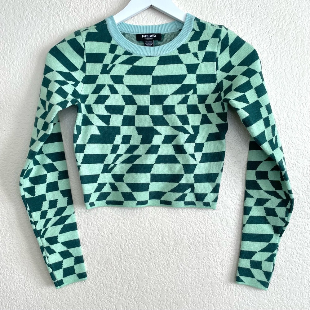 Tilly’s Mint Green Geometric Print Y2k Knit Sweater Crop Top